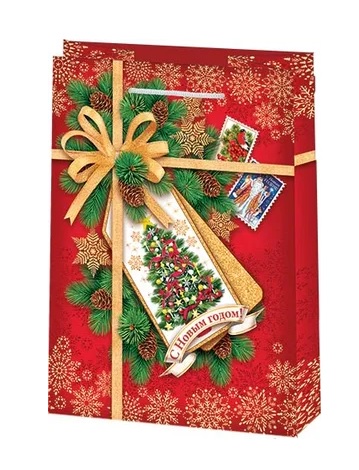 Пакет бумажный 45*32,5*10см Новогодний- Золотой бант, ламинированный - купить в магазине Кассандра, фото, 4607012759726, 