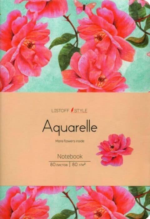 Книга для записей А6+ Aquarelle. Цветы на голубом 80л., Иск.кожа. - купить в магазине Кассандра, фото, 4606086366991, 