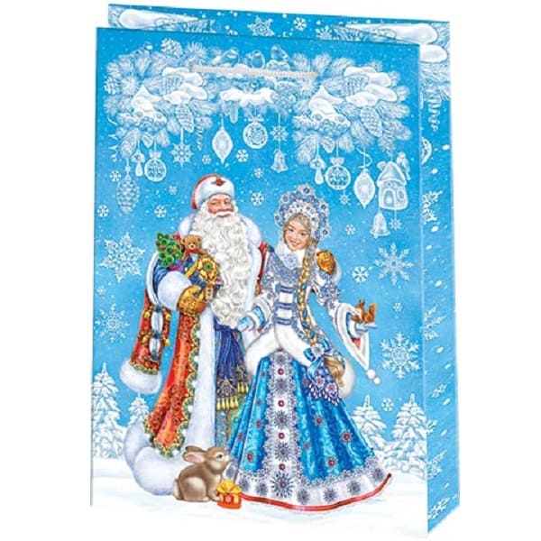 Пакет бумажный 45*32,5*10см Новогодний- Дед Мороз и Снегурочка, ламинированный - купить в магазине Кассандра, фото, 4607012759726, 