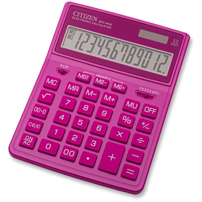 Калькулятор настольный Citizen SDC444XRPKE, 12 разрядов, двойное питание, 155*204*33мм, розовый - купить в магазине Кассандра, фото, 4560196213067, 