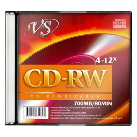 Диск CD-RW VS 700 Мб 4-12х slim - купить в магазине Кассандра, фото, 4607147620199, 