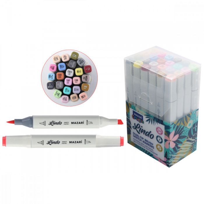 Набор маркеров для скетчинга LINDO,24цв (пастель цвета) кистевидный/клиновидный - купить в магазине Кассандра, фото, 4680527095992, 