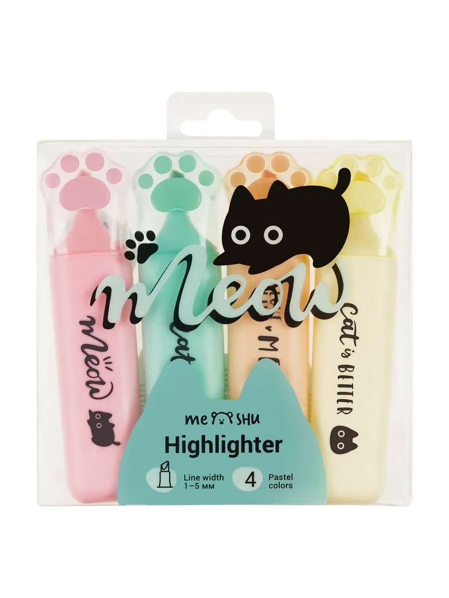 Набор текстовыделителей MESHU "Live, Life, Meow", 04цв. , пастельные цвета, 1-5 мм, ПВХ бокс с европод