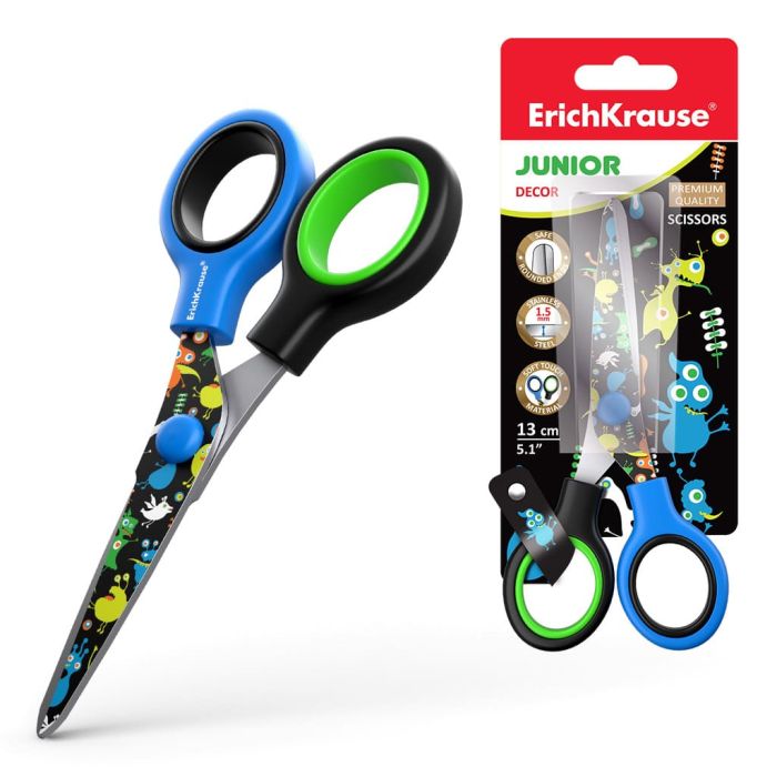 Ножницы 13см " Erich Krause " Junior Decor Funny Monsters пластиковые ручки, безопасные закругленные - купить в магазине Кассандра, фото, 4041485532125, 
