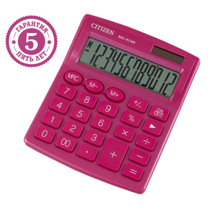 Калькулятор настольный Citizen SDC-812NR-PK, 12 разрядов, двойное питание, 102*124*25мм, розовый - купить в магазине Кассандра, фото, 4560196212701, 