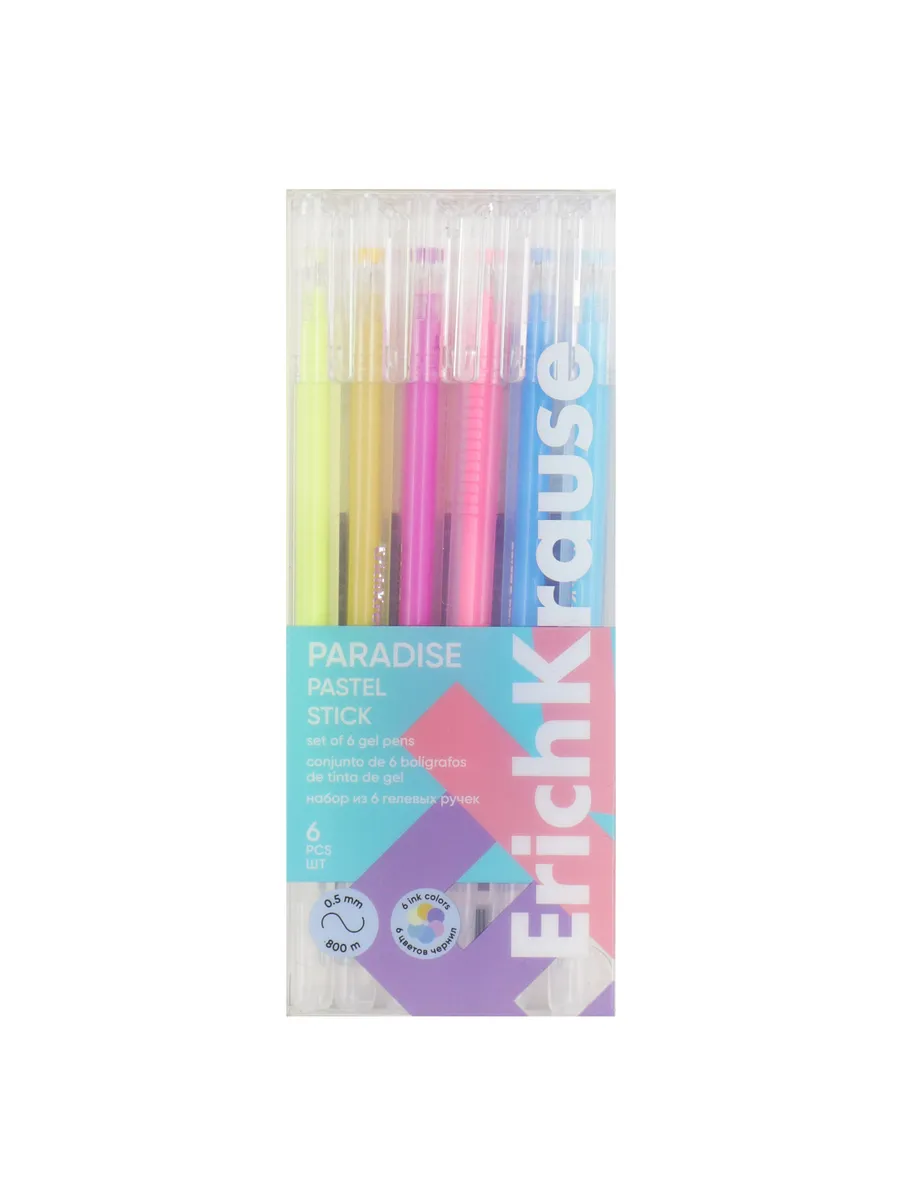 Набор гелевых ручек 6цв "ErichKrause" Paradise Stick Pastel 0,6мм, игольчатый наконечник, прозра