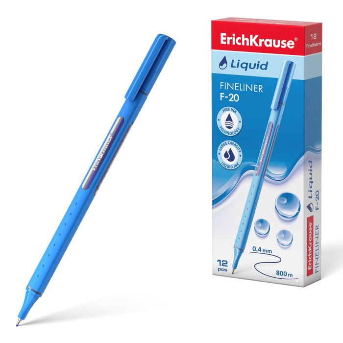 Ручка капиллярная " Erich Krause " Liquid F-20 синяя 0,4мм, на водной основе - купить в магазине Кассандра, фото, 4041485995852, 