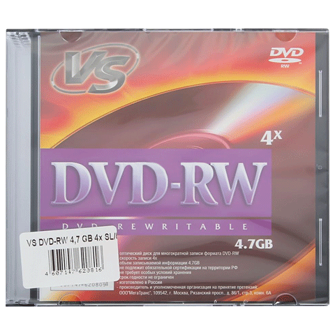 Диск VS DVD-RW 4.7GB 4x SL VSDVDRWSL01 - купить в магазине Кассандра, фото, 4607147620809, 