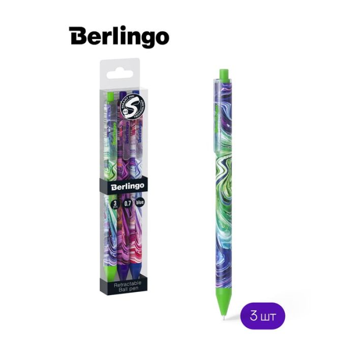 Ручка шариковая автоматическая Berlingo "Liquid Wave" синяя, 0,7мм, грип, рисунок на корпусе, 3шт., P - купить в магазине Кассандра, фото, 4260765529741, 