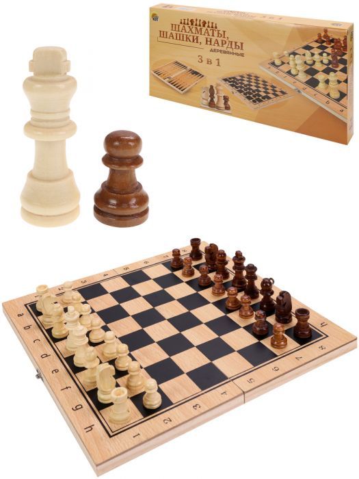 Игра 3 в 1 дерево (нарды, шашки, шахматы) (29х14.5х3 см) фигуры-дерево в коробке (Арт. ИН-4157) - купить в магазине Кассандра, фото, 4665307994672, 