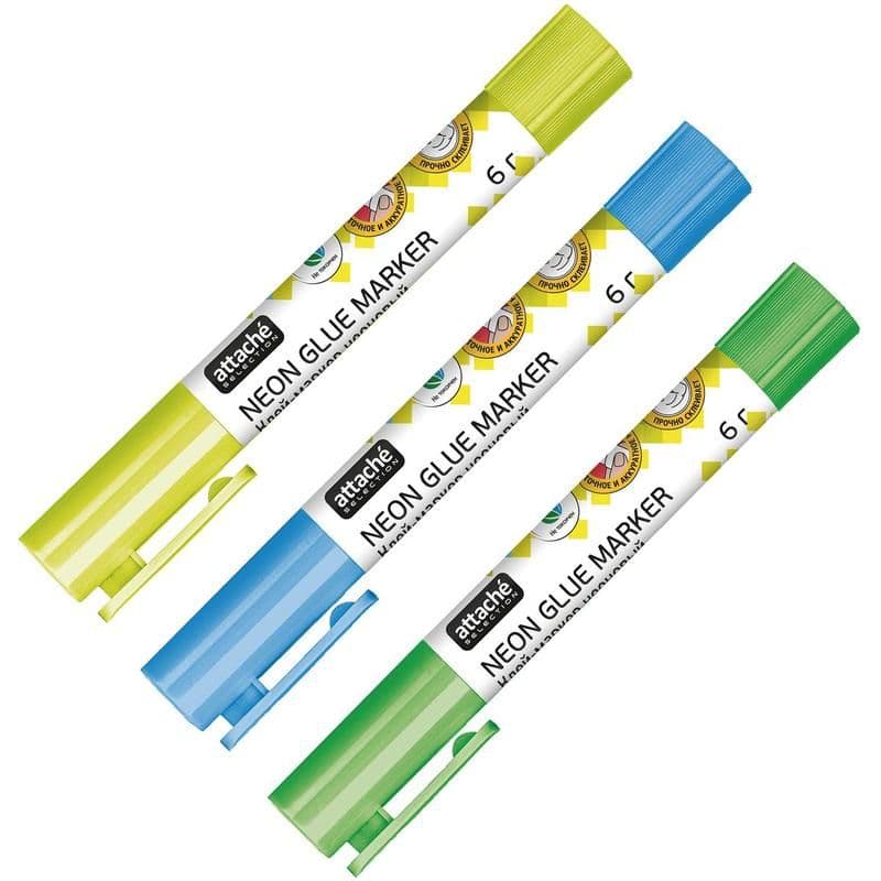 Клей-маркер Attache Selection 6г в форме ручки неоновые цвета - купить в магазине Кассандра, фото, 4670072001647, 