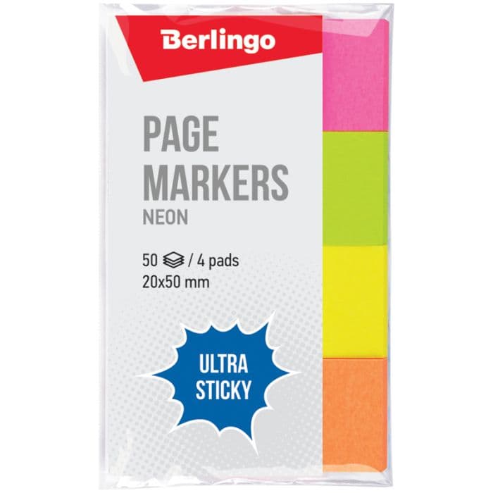 Флажки-закладки Berlingo "Ultra Sticky", 20*50мм, 50л*4 неоновых цвета - купить в магазине Кассандра, фото, 4260107512905, 