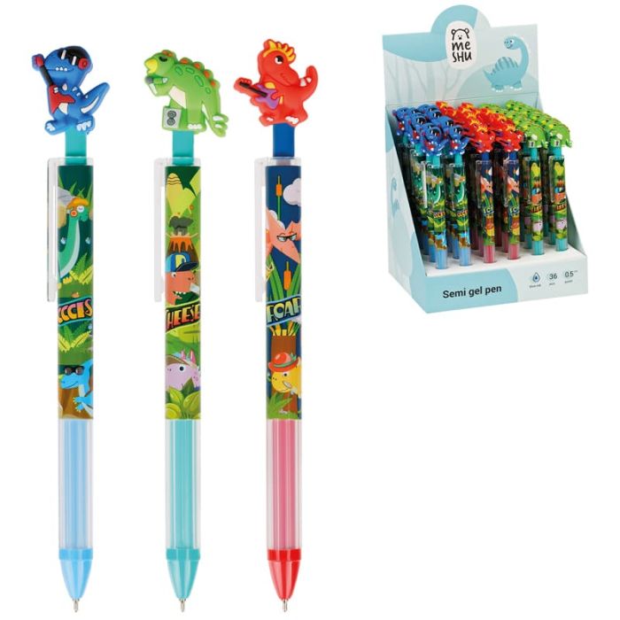 Ручка шариковая автоматическая MESHU "Dinosaurs" синяя, 0,5мм, грип, корпус ассорти, с топпером - купить в магазине Кассандра, фото, 4680211362119, 