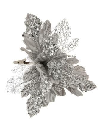Цветок серебро из полиэстера с креплением на клипсе из черн - купить в магазине Кассандра, фото, 4630072932105, 