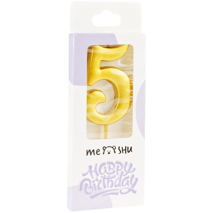 Свеча для торта с держателем MESHU "Цифра 5", 5,2см, золотая - купить в магазине Кассандра, фото, 4680211361495, 