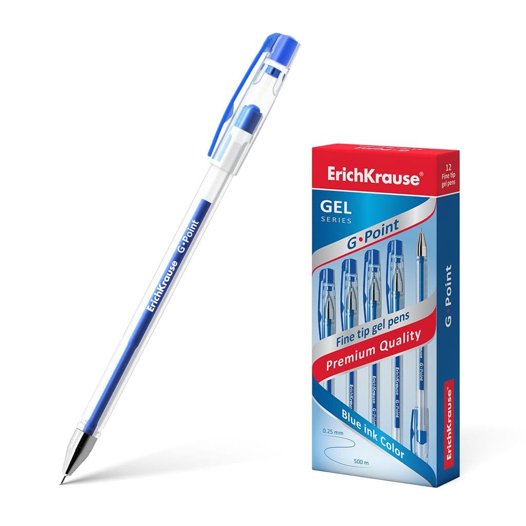 Ручка гелевая " Erich Krause " G-Point синяя 0,5мм, рифленый держатель, игольчатый пишущий узел, мет - купить в магазине Кассандра, фото, 4041485176275, 