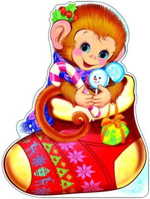 Плакат вырубной А3. Рождественский носок с подарками и обезьянкой (с блестками и уф-лаком) - купить в магазине Кассандра, фото, , 