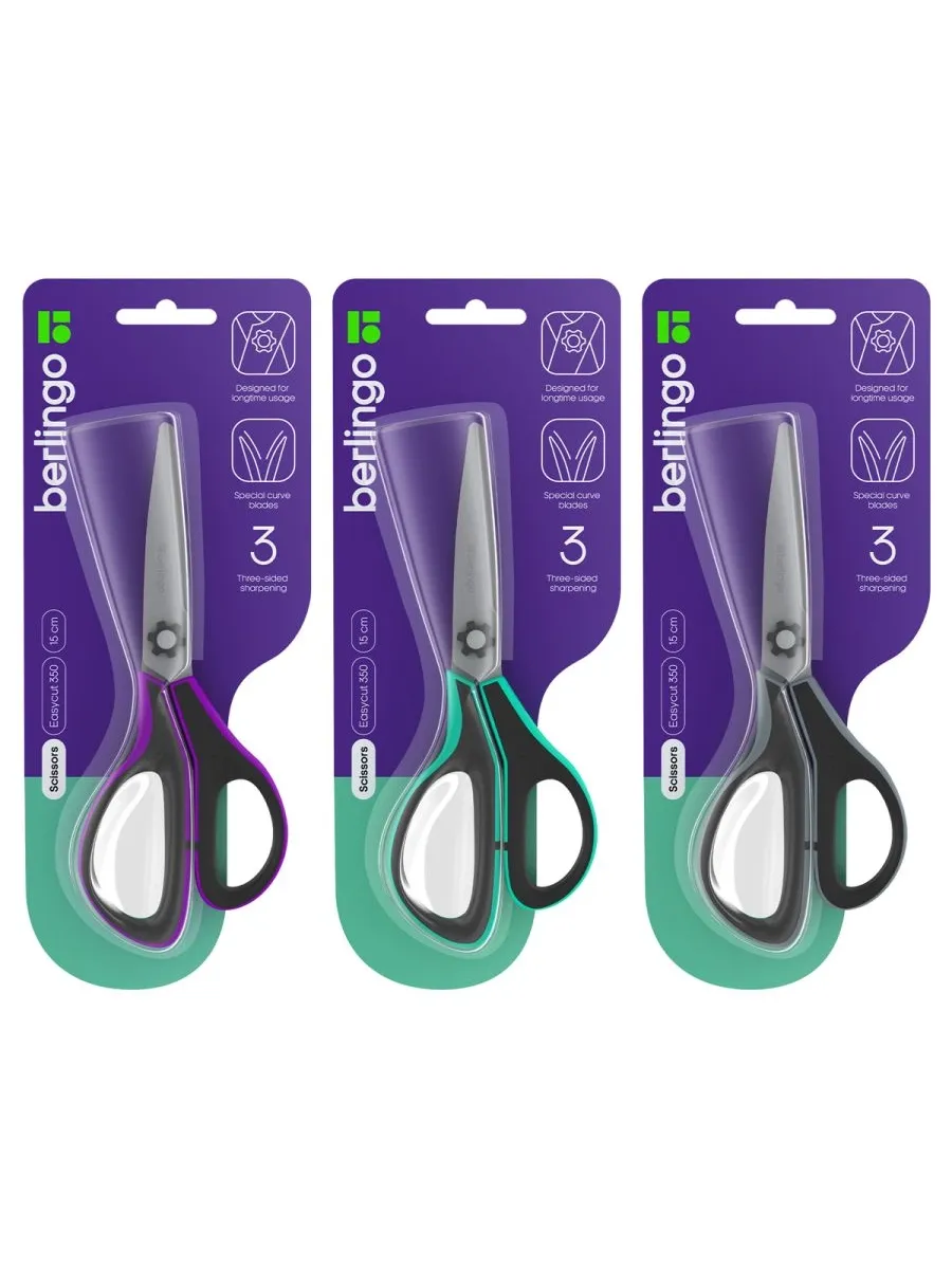 Ножницы Berlingo "Easycut 350", 15см, ассорти, эргономичные ручки, мягкие вставки, европодвес