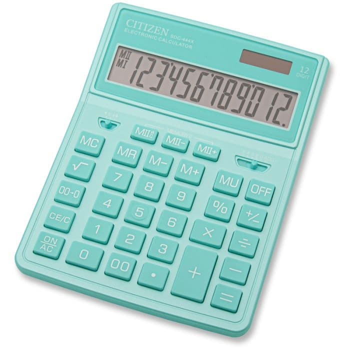 Калькулятор настольный Citizen SDC444XRGNE, 12 разрядов, двойное питание, 155*204*33мм, бирюзовый - купить в магазине Кассандра, фото, 4560196213036, 
