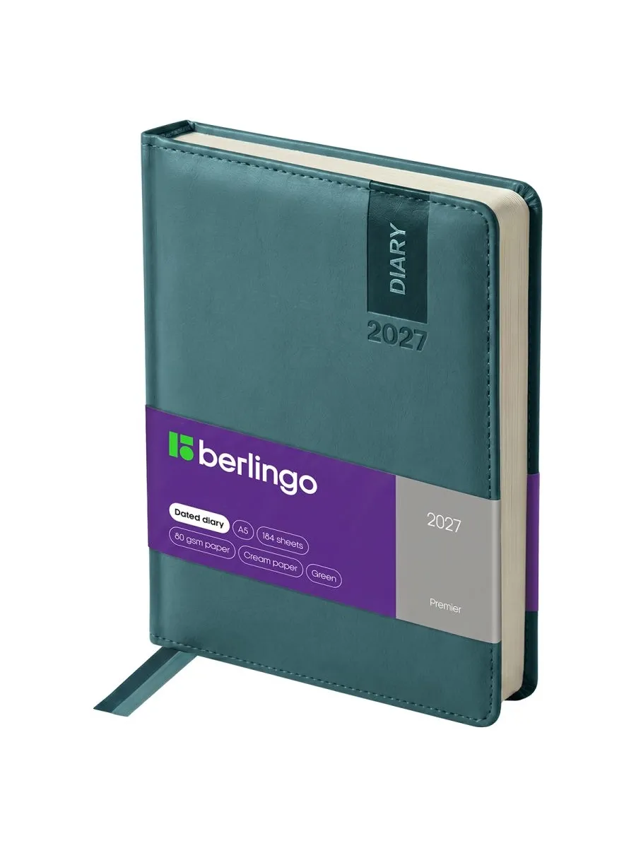 Ежедневник датированный 2027г. , А5, 184л. , кожзам, Berlingo "Premier", зеленый
