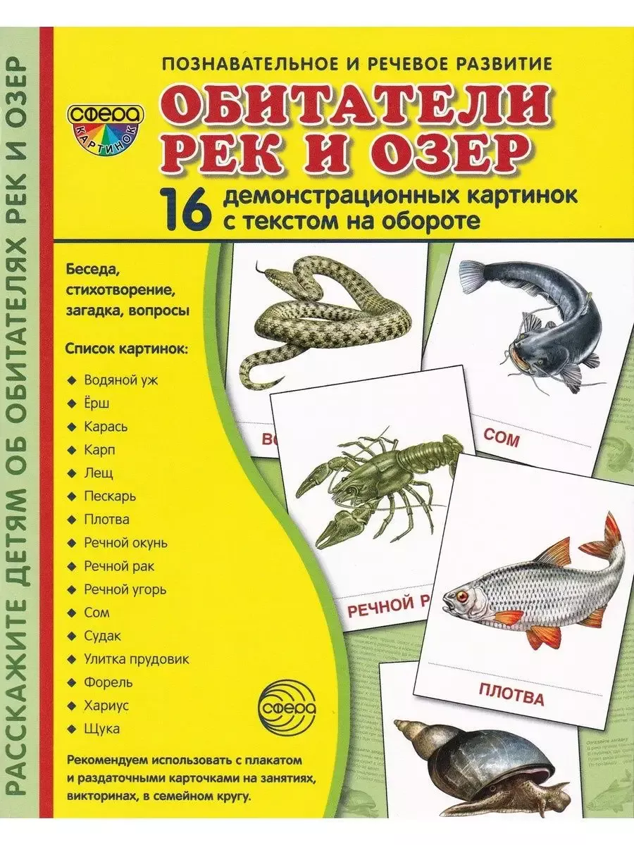 Дем. картинки СУПЕР Обитатели рек и озер. 16 демонстрационных картинок с текстом В ПАПКЕ (173х220 мм
