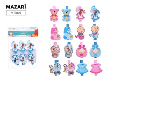 Прищепки декоративные деревянные BABE, 6 шт, размер 4.5 х 0.7 см, ассорти дизайнов, ОПП-пакет с евро- купить в магазине Кассандра, фото, 4680527017543, 