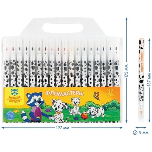 Фломастеры Мульти-Пульти "Енот и далматинцы", 18цв., смываемые, блистер- купить в магазине Кассандра, фото, 4680211096243, 