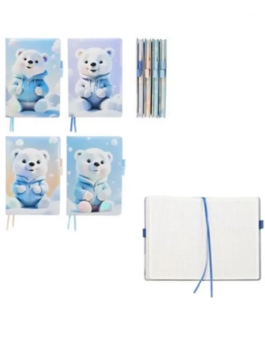 Блокнот А5 искусственная кожа  80л " Basir " Белый мишка (ассорти), клетка, сшивка, 2 резинки для ручки, ляссе, 4 дизайна (без возможности выбора диза- купить в магазине Кассандра, фото, 4657803379459, 