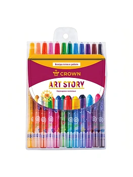 Карандаши восковые Crown "ArtStory", 12цв., выкручивающийся стержень, ПВХ, европодвес - купить в магазине Кассандра, фото, 8803654013547, 