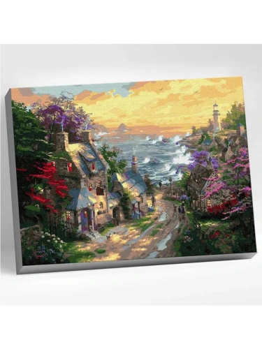 HR0134 Картина по номерам (40х50) ДЕРЕВНЯ У БЕРЕГА МОРЯ (36 цветов)- купить в магазине Кассандра, фото, 4660011884721, 