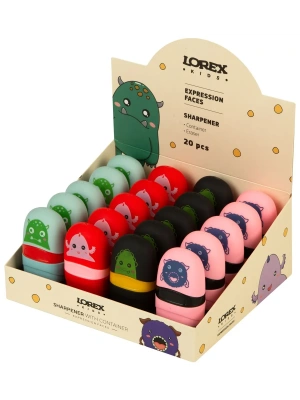 Точилка LOREX KIDS EXPRESSION FACES с контейнером и ластиком ассорти, корпус пластик 1 отвер. в дисплее индив.- купить в магазине Кассандра, фото, , 