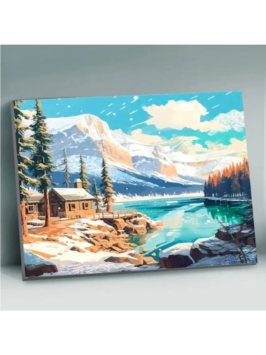 QHR0001 Картина по номерам с поталью платина (40х50) ДОМИК У ГОРНОГО ОЗЕРА (26 цветов)- купить в магазине Кассандра, фото, 4660011898742, 