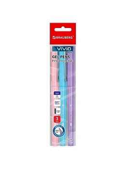 Ручки гелевые с грипом BRAUBERG VIVID PASTEL, СИНИЕ, НАБОР 3 ШТ, узел 0,5мм, линия 0,35мм, 144540 - купить в магазине Кассандра, фото, 4606224513416, 