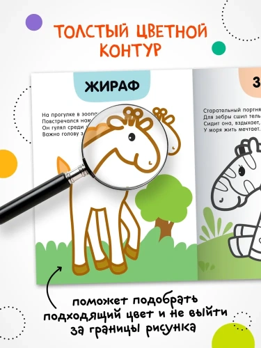 Раскраски с цветным контуром. В зоопарке- купить в магазине Кассандра, фото, 9785431537493, 