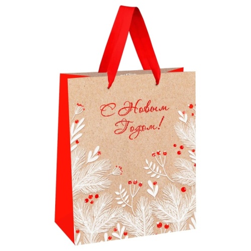 Пакет подарочный 26*32*12см MESHU "Зимние ягоды", отд. фольгой, блестки, крафт- купить в магазине Кассандра, фото, 4680211498092, 