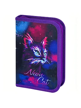 Пенал BRAUBERG с наполнением, 1 отд, 1 откидная планка, 24 предмета, 21х14 см, Neon cat, 271523 - купить в магазине Кассандра, фото, 4606224393513, 