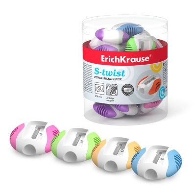 Точилка ErichKrause S-TWIST пласт.корп.  ассорти в тубусе- купить в магазине Кассандра, фото, 4041485336136, 
