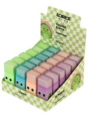 Точилка LOREX KIDS SQUARE BLOCK с контейнером и ластиком ассорти, корпус пластик 1 отвер. в дисплее индив.штри- купить в магазине Кассандра, фото, , 