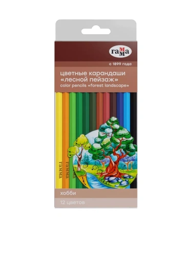 Карандаши цветные Гамма "Хобби. Лесной пейзаж", 12цв., заточен., ПВХ, европодвес- купить в магазине Кассандра, фото, 4600395019517, 