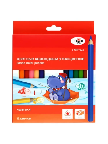 Карандаши цветные Гамма "Мультики", 12цв., с точилкой, утолщенные, заточен., картон, европодвес- купить в магазине Кассандра, фото, 4600395011962, 