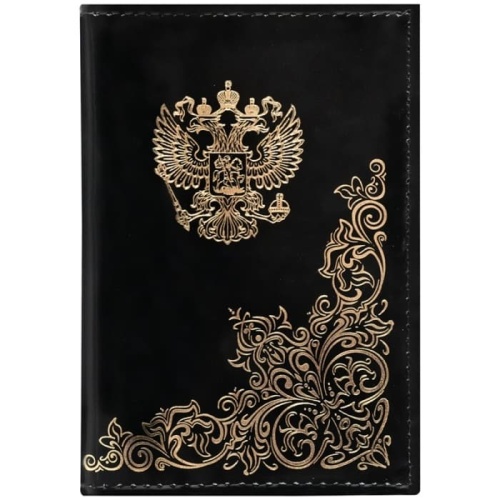 Обложка для паспорта OfficeSpace "Герб", лакированная кожа, тиснение золото, черная- купить в магазине Кассандра, фото, 4680211438722, 