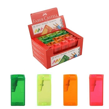 Точилка пластиковая Faber-Castell 1 отверстие, контейнер, ассорти, флуоресцентные цвета - купить в магазине Кассандра, фото, 7891360635574, 