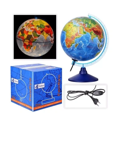 Глобус физико-политический с подсветкой 250мм. круглая голубая подставка- купить в магазине Кассандра, фото, 4680009930797, 
