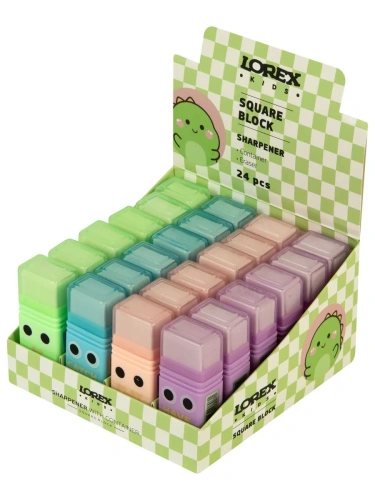 Точилка LOREX KIDS SQUARE BLOCK с контейнером и ластиком ассорти, корпус пластик 1 отвер. в дисплее индив.штри- купить в магазине Кассандра, фото, 4602723178071, 