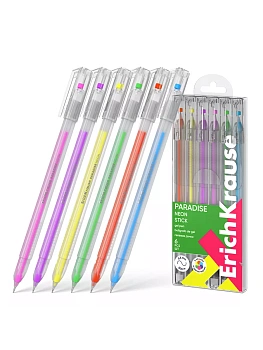 Набор гелевых ручек 6цв " ErichKrause " Paradise Stick Neon 0,6мм, игольчатый наконечник, прозрачный - купить в магазине Кассандра, фото, , 