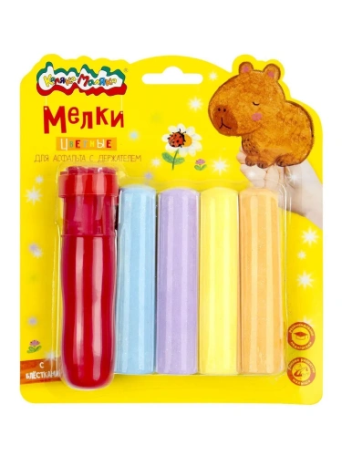 Мелки цветные 5 шт д/асфальта Каляка-Маляка ДЖАМБО блёстки круглые с держателем в блистере с европод- купить в магазине Кассандра, фото, 4602723192763, 