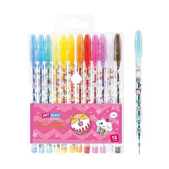 Набор гелевых ручек ArtSpace "Кот-сластена" 12цв., 1,0мм, с блестками, ПВХ чехол - купить в магазине Кассандра, фото, 4680211355043, 