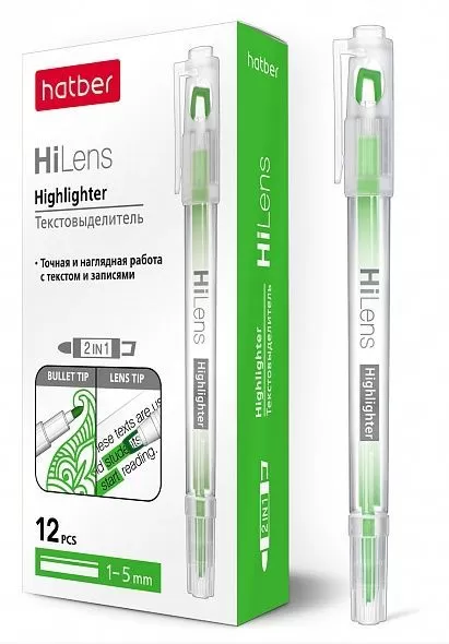 Текстовыделитель Hatber Hi-Lens Зеленый Двухсторонний 1 mm/5 mm - купить в магазине Кассандра, фото, 4606782336106, 