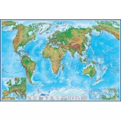 Карта.Мир.Физическая карта М1:15 млн.(2,4*1,6),ламинированная настенная карта в тубусе - купить в магазине Кассандра, фото, 4607051070899, 